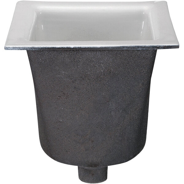 A black and white square Zurn cast iron floor sink with a white bowl.