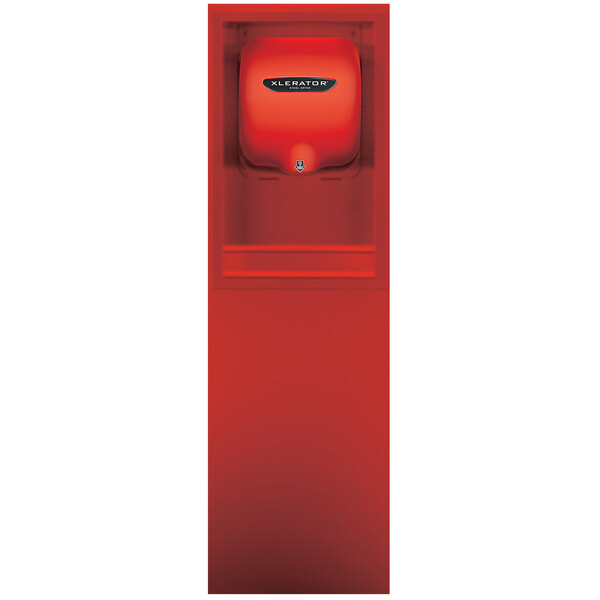 A red Excel XLERATOR hand dryer on a white background.