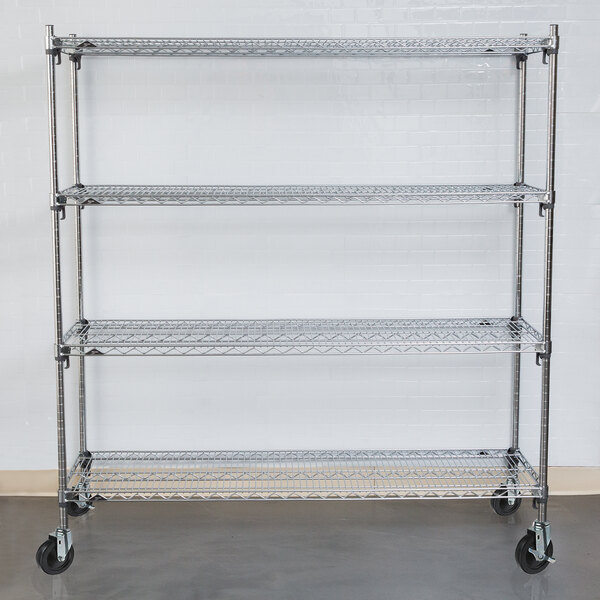 A chrome Metro wire shelving unit with polyurethane casters.