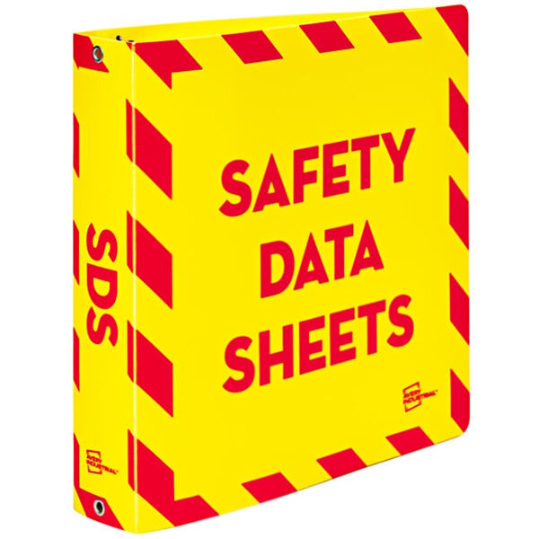 An Avery yellow and red 3-ring binder with the words "Safety Data Sheets" in red.