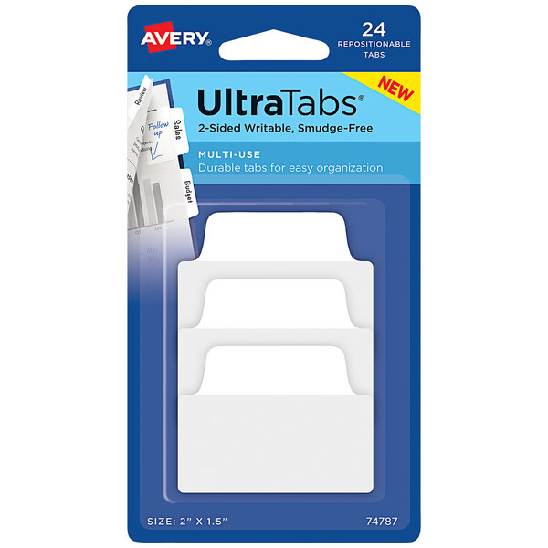 A package of 24 white Avery Ultra Tabs with blue accents.