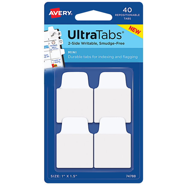 A package of 40 white Avery Ultra Tabs with blue and white packaging.