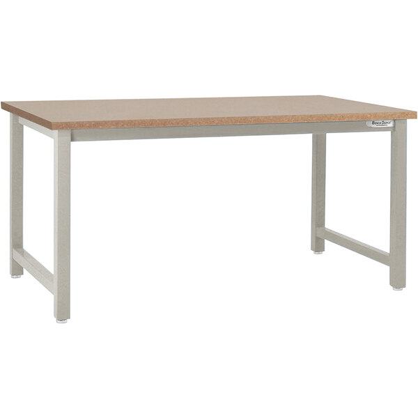 A BenchPro Kennedy Series workbench with a brown wooden top and gray metal frame.