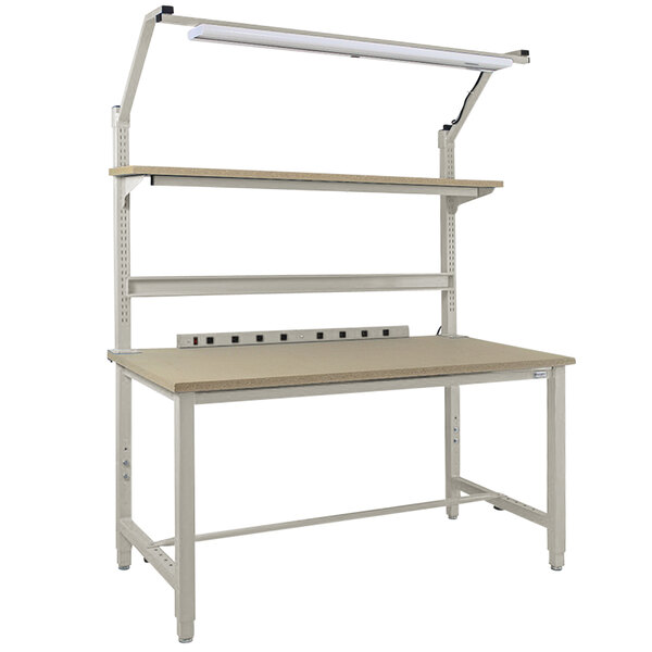 A white and gray BenchPro Kennedy workbench with shelves.