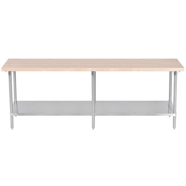 An Advance Tabco wood top work table with stainless steel legs and an undershelf.