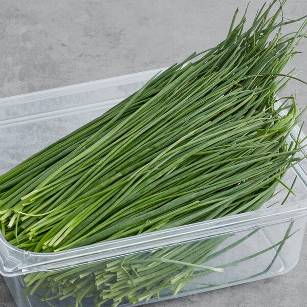 A plastic container of chives.