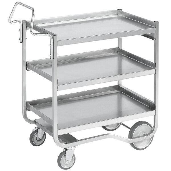 A silver stainless steel Vollrath utility cart with three shelves.