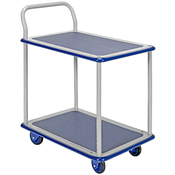 A blue and gray Vestil double deck steel platform truck with wheels and a handle.