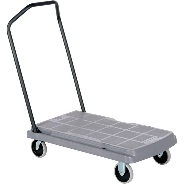 A grey cart with black wheels and handles.