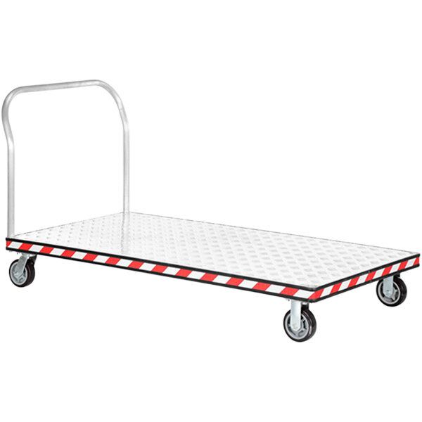 A white metal Vestil platform truck with red and white stripes.