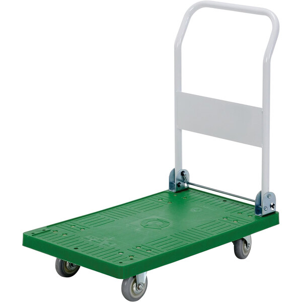 A green Vestil platform truck with wheels and a folding handle.