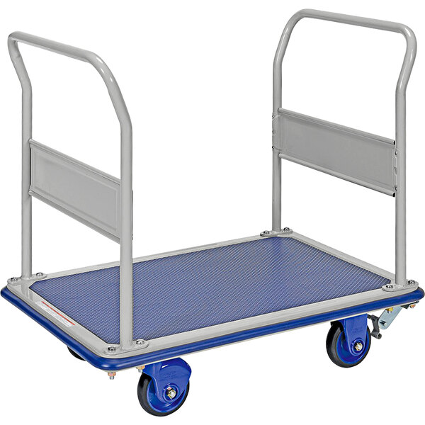 A blue steel platform truck with metal handles and wheels.