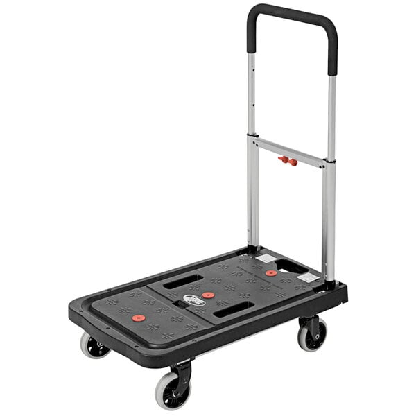 A black and red Fold Flat Plastic Cart with wheels and a handle.