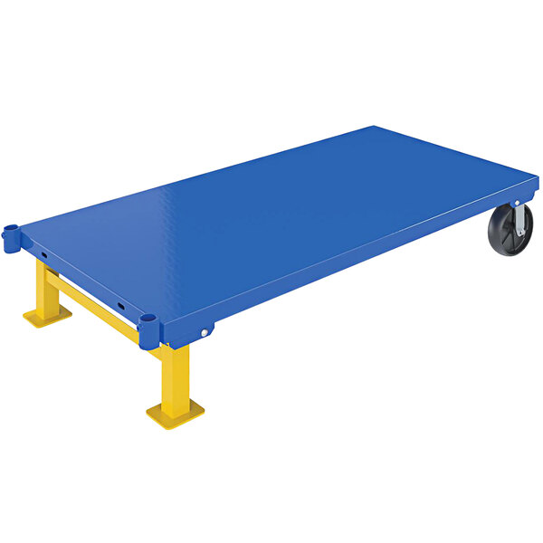 A blue and yellow metal platform with wheels.