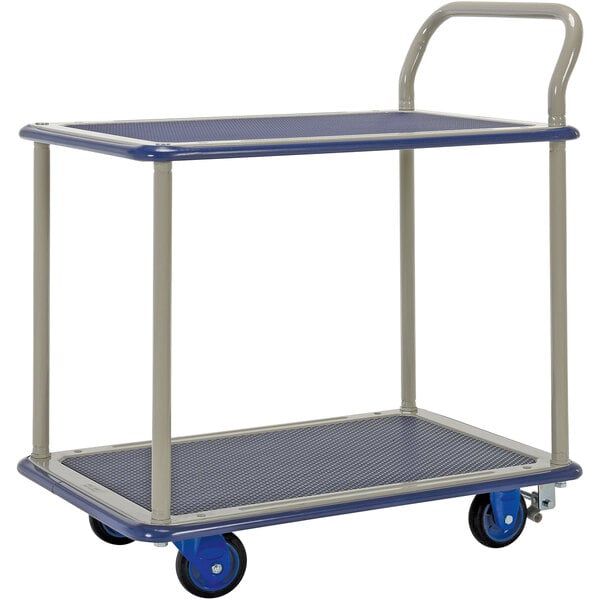 A blue and gray steel platform truck with metal frame and wheels.