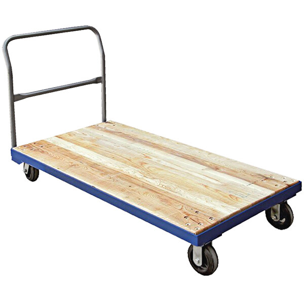 A wooden platform with metal frame and wheels.