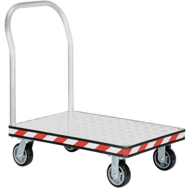 A Vestil heavy-duty aluminum platform truck with wheels and a handle.