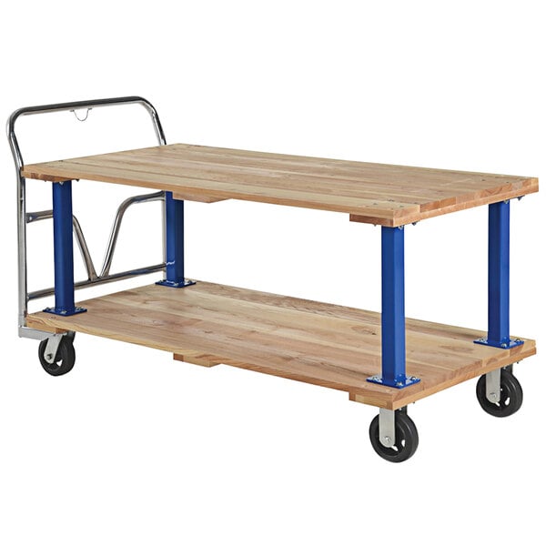 A Vestil double deck hardwood platform cart with blue metal edges.