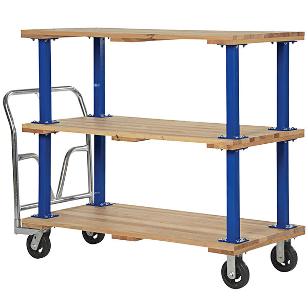 A Vestil triple deck hardwood platform cart with blue metal legs.