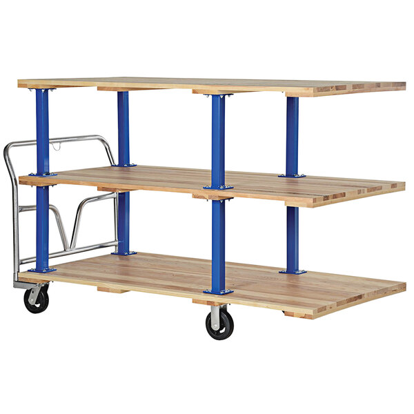 A Vestil triple deck hardwood platform cart with blue metal rods on the shelves.