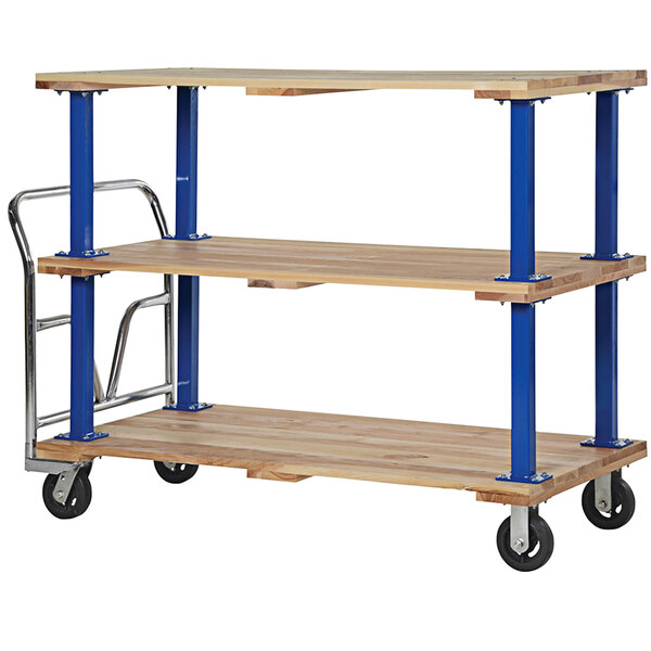 A wood shelf with blue metal legs on a Vestil triple deck platform cart.