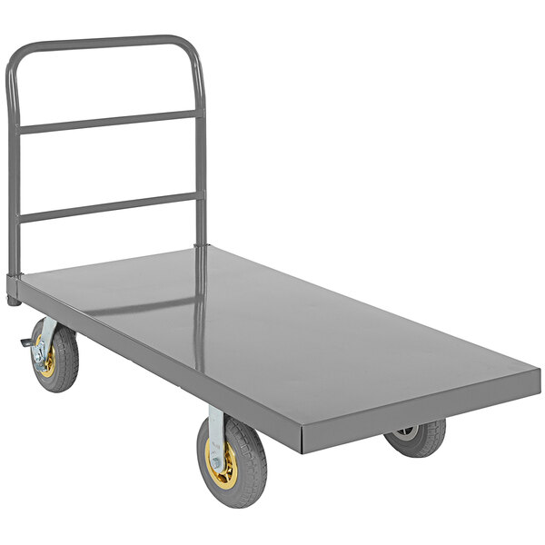 A gray steel platform truck with yellow flat-free casters.