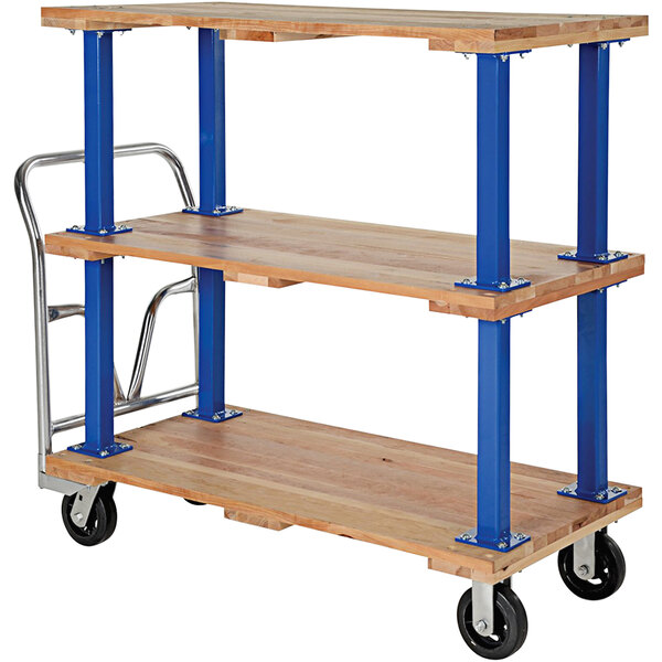 A wooden Vestil platform cart with blue metal poles and wheels.