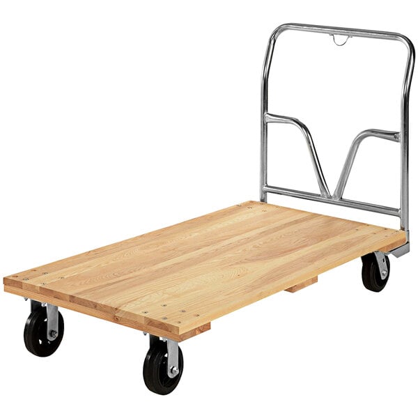 A wooden platform on a metal cart with wheels.