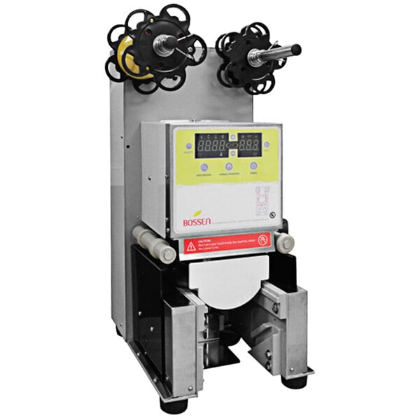 A Bossen 98mm PET Cup Automatic Bubble Tea Sealing Machine with a digital display.