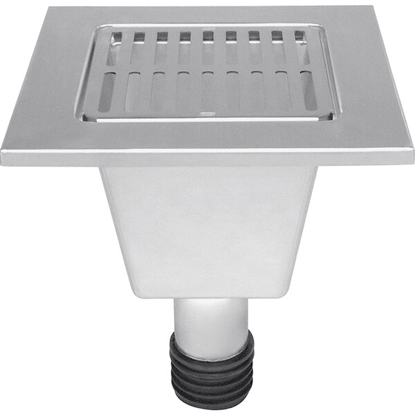 A Zurn stainless steel floor sink liner with removable strainer and square drain cover.