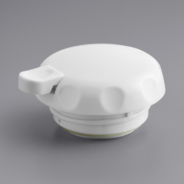 A Tablecraft white plastic lid for a coffee server with a handle.
