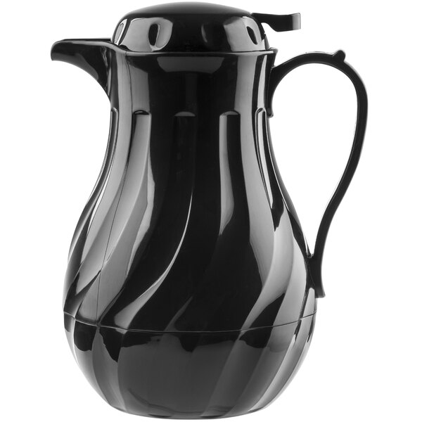 A black coffee carafe with a handle.