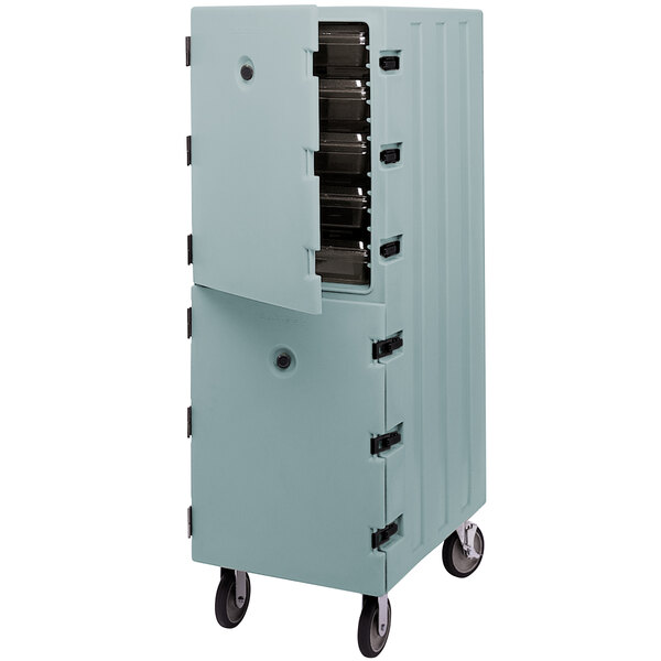 A Cambro slate blue double compartment food storage box carrier with a door open.
