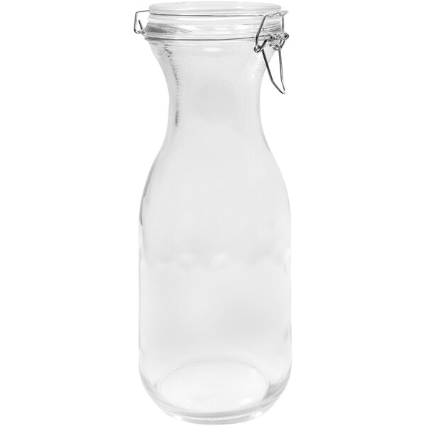 A Tablecraft clear glass carafe with a resealable metal lid.