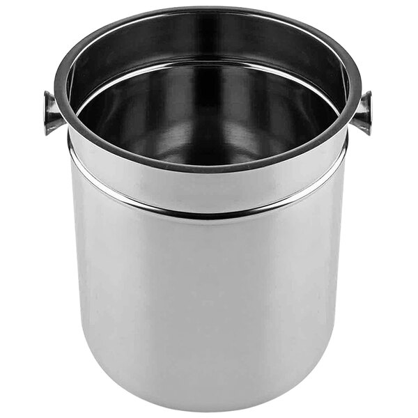 A Tablecraft stainless steel wine bucket with a black rim and handle.
