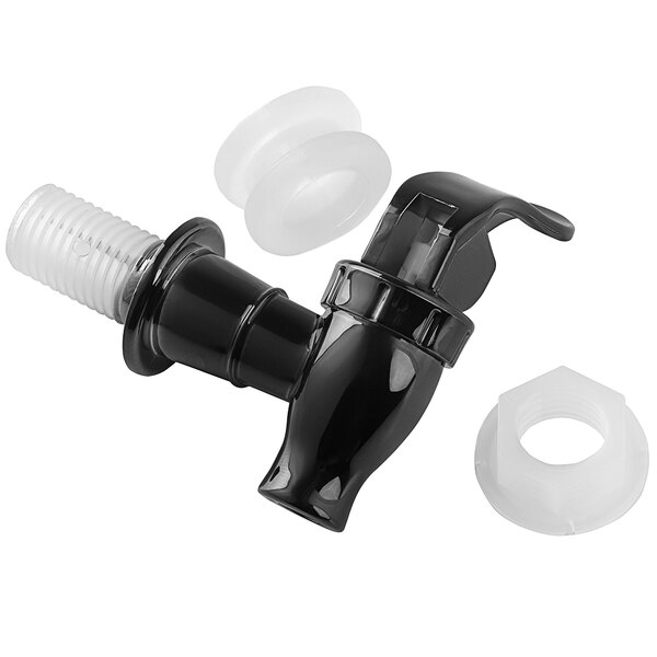 A Tablecraft black plastic tap with a white plastic nut and screw.
