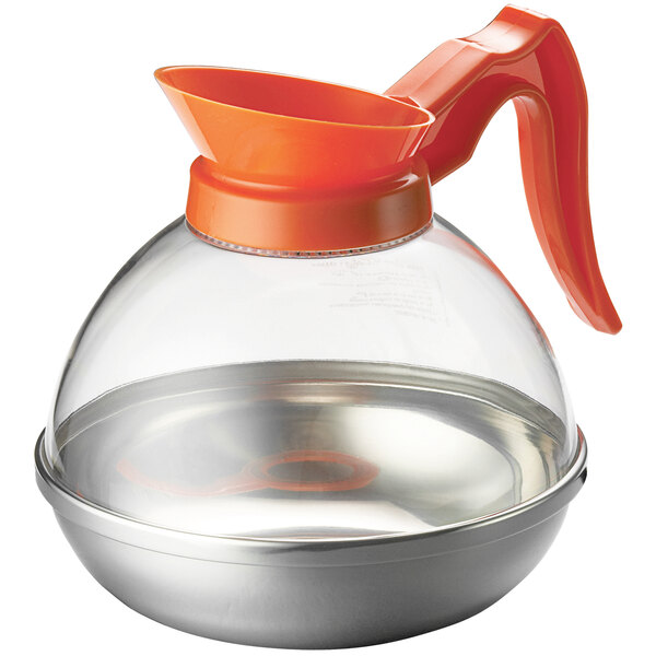 A Tablecraft coffee decanter with an orange handle and stainless steel bottom.
