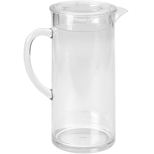 A Tablecraft clear SAN plastic pitcher with a lid and handle.
