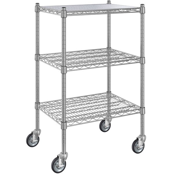 A Regency chrome wire shelving unit with 3 shelves and casters.