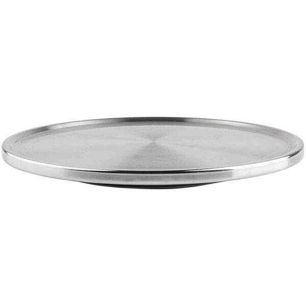A Tablecraft stainless steel cake plate with a round surface.
