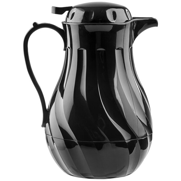 A black plastic Tablecraft coffee carafe with a handle.