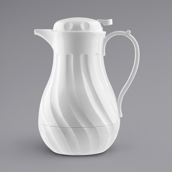 A white Tablecraft coffee carafe with a lid and handle.