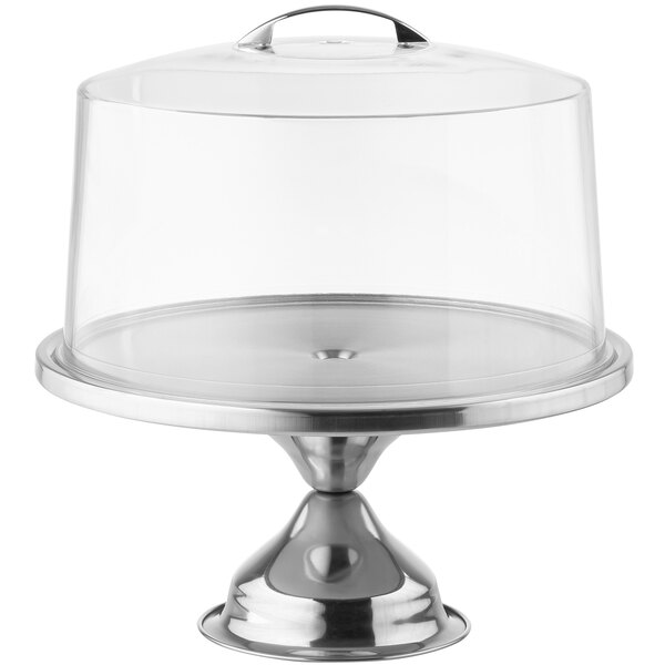A Tablecraft stainless steel cake stand with a glass cover.