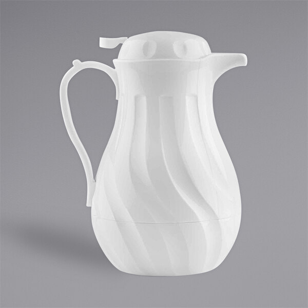 A Tablecraft white coffee carafe with a lid and handle.