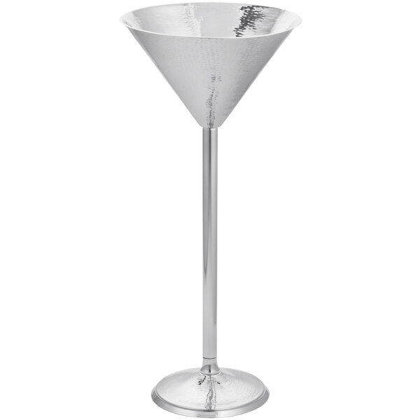 A Tablecraft stainless steel martini-shaped beverage stand with a silver martini glass on top of a silver pole.