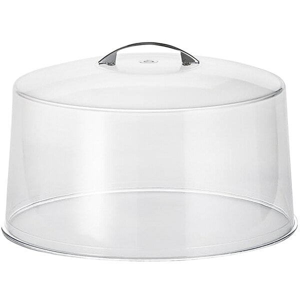 A Tablecraft clear plastic round cake cover with a metal handle.
