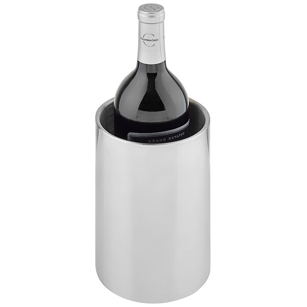 A Tablecraft stainless steel wine cooler holding a bottle of wine.