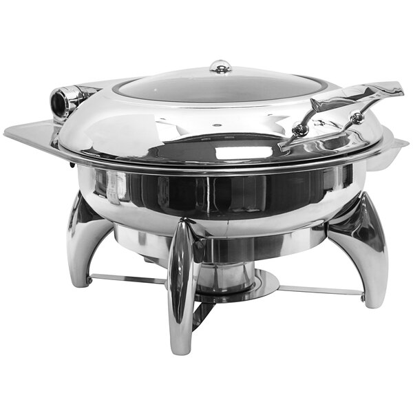 A Tablecraft stainless steel chafing dish with lid on a stand.