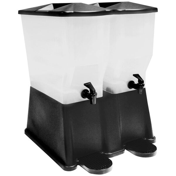 A black Tablecraft plastic double beverage dispenser with white labels.