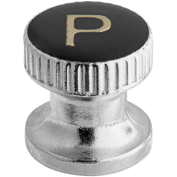 An American Metalcraft black wood finish pepper mill screw with a black and white metal knob with the letter "P" on it.